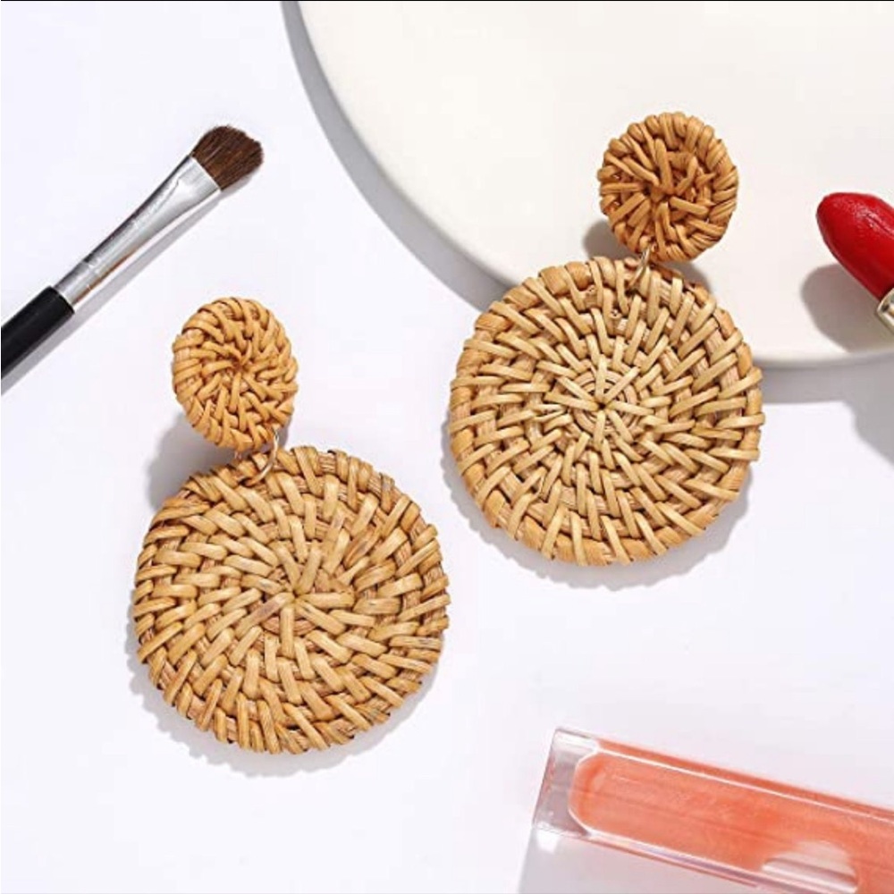 Handmade Rattan Double Disc Drop Earrings Boho Rattan Dangle Statement - Picture 4 of 5
